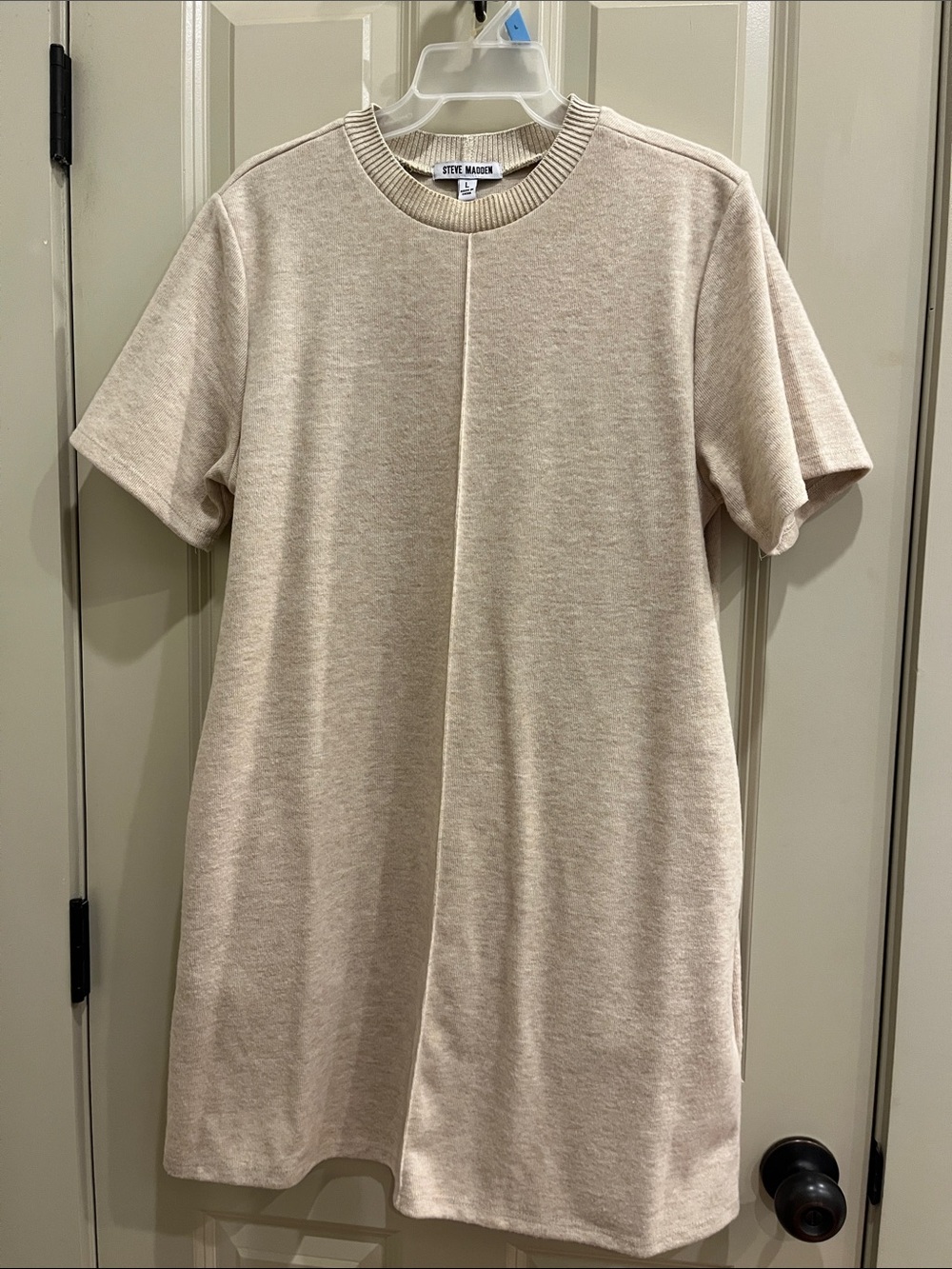 Steve Madden Beige Short-Sleeve Knit Shift Midi Dress